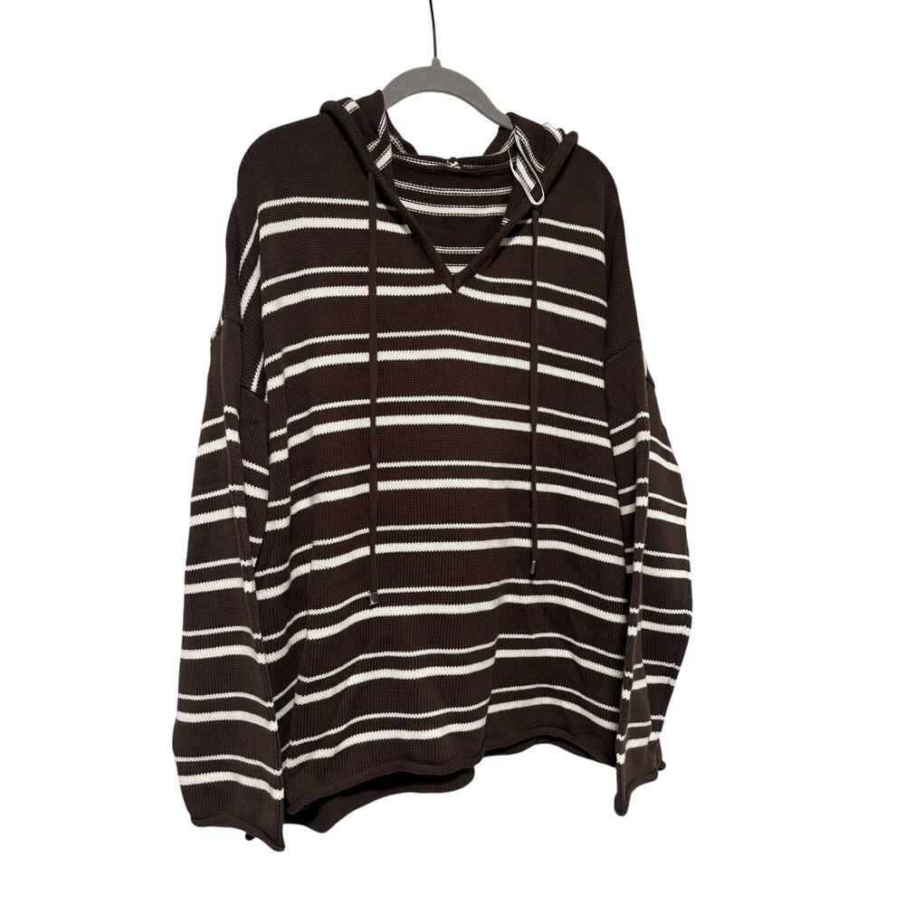 Women’s Brown Ivory Striped Hooded Knit Sweater Hoodie Pullover XXL Cotton - Picture 3 of 7